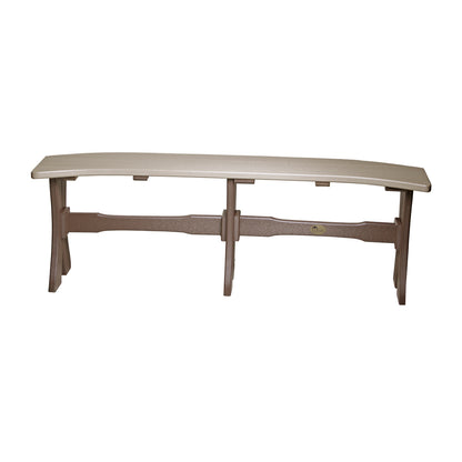 LuxCraft table bench in weatherwood and chestnut brown, featuring a curved design ideal for cozy outdoor dining experiences.