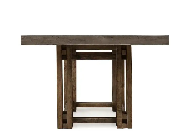 Side view of the Conrad Dining Table by Case & Canvas with a rustic brown finish and a geometric slatted base.