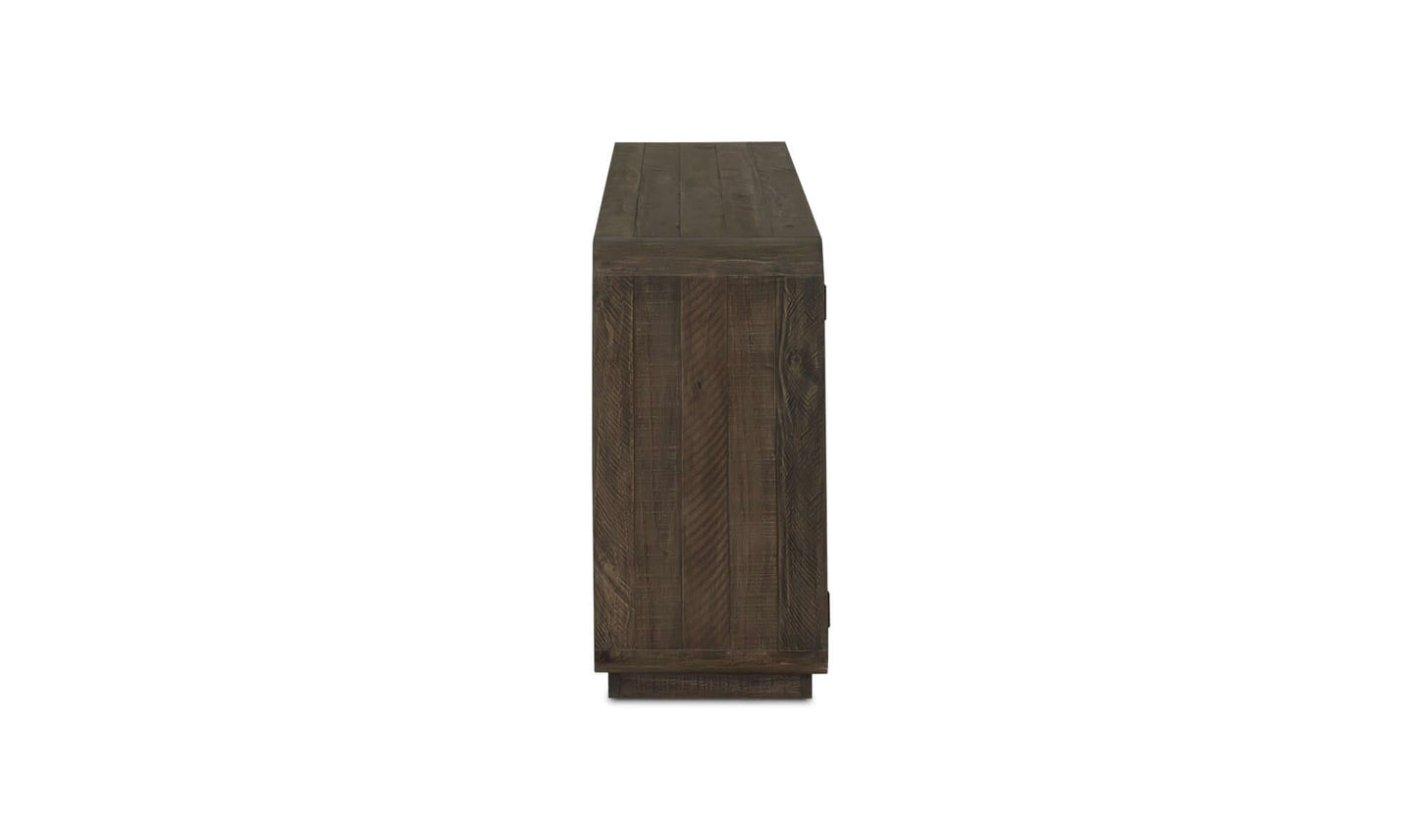 Side view of the Monterey Sideboard Light Grey by Moe's Home Collection, highlighting the detailed rustic wood grain.