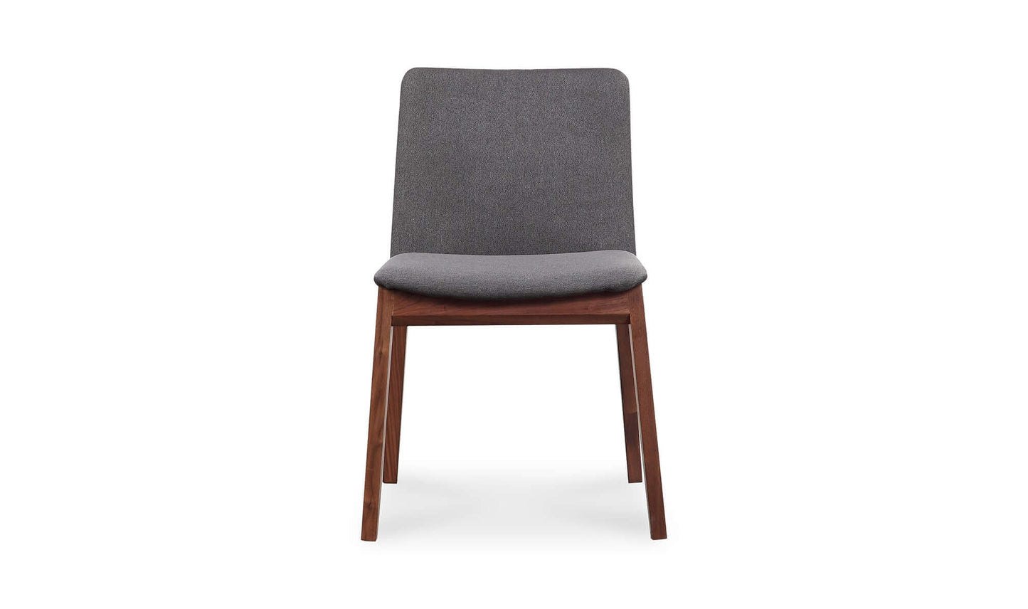 Front view of Deco Walnut Dark Grey Dining Chair with detailed dimensions