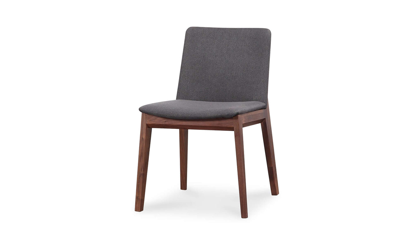 Angled view of Deco Walnut Dark Grey Dining Chair highlighting seat padding