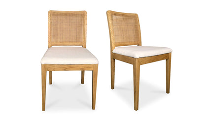 Pair of Orville Natural Dining Chairs with natural rattan backrest and white polyester cushion.