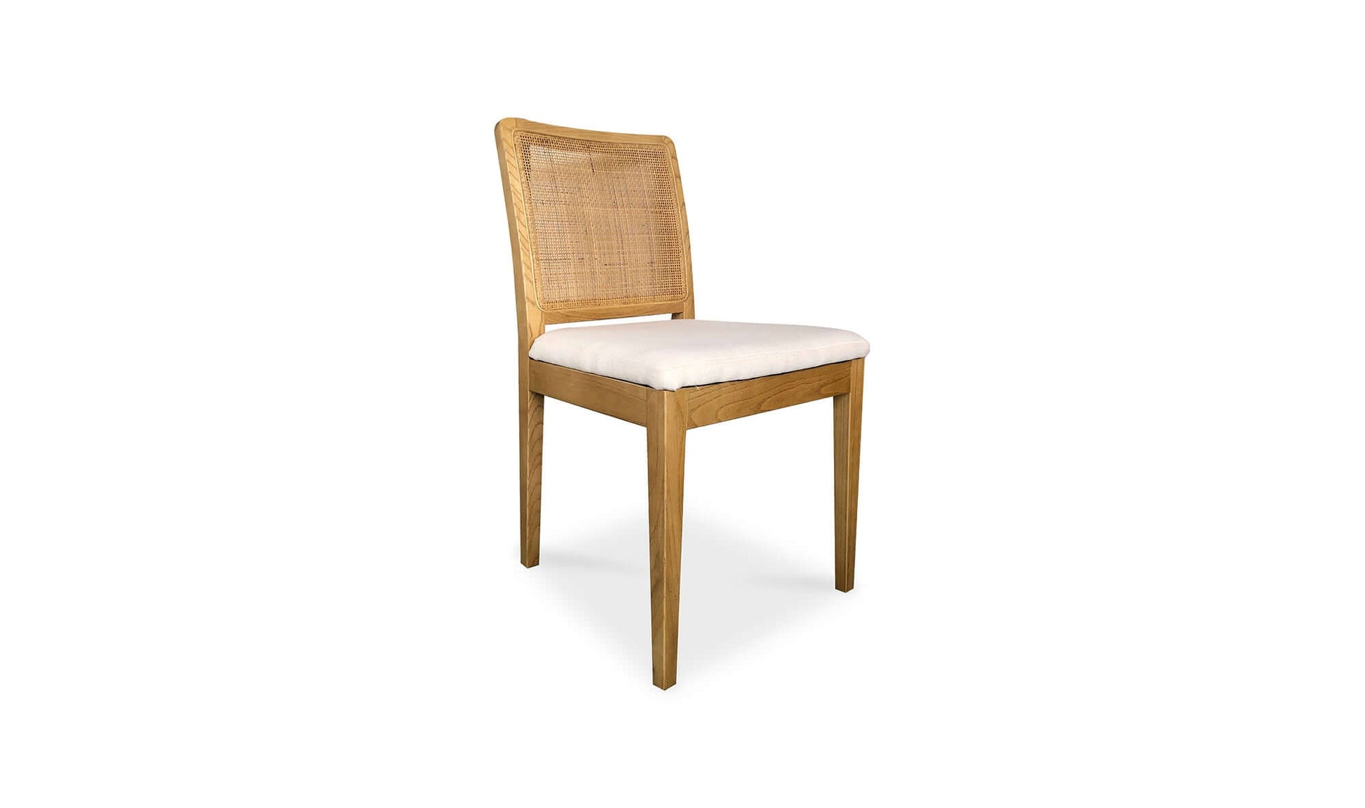 Angled view of Orville Natural Dining Chair highlighting its solid elm wood frame and cushioned seat.