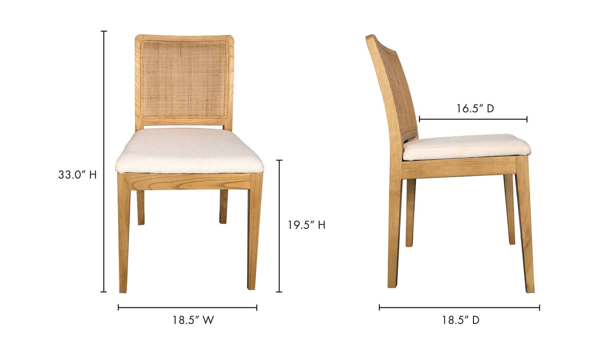 Pair of Orville Natural Dining Chairs showing front and side views with dimensions.