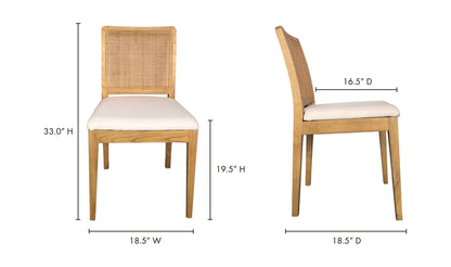 Pair of Orville Natural Dining Chairs showing front and side views with dimensions.