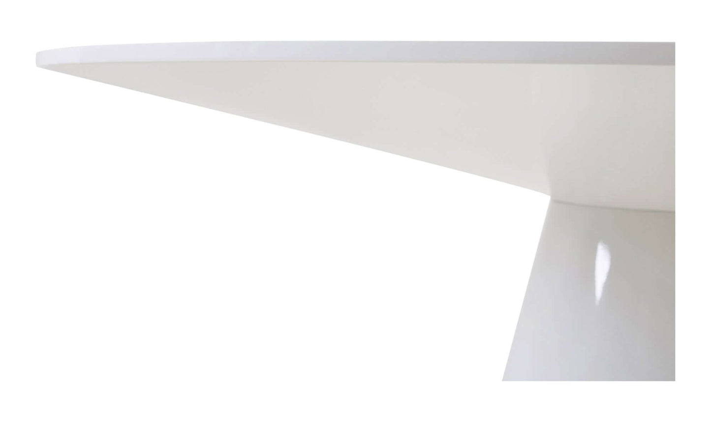 Close-up of the Otago 54” White Round Dining Table's high-gloss lacquer finish.