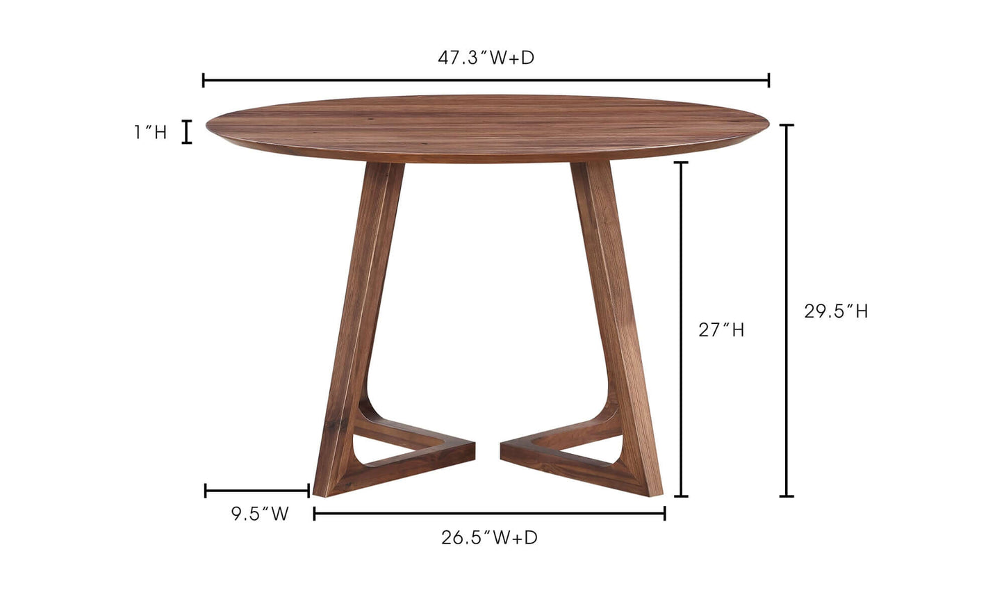 Godenza Round Brown Dining Table with dimensions and sleek mid-century design