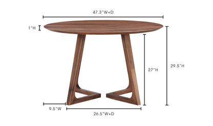 Godenza Round Brown Dining Table with dimensions and sleek mid-century design