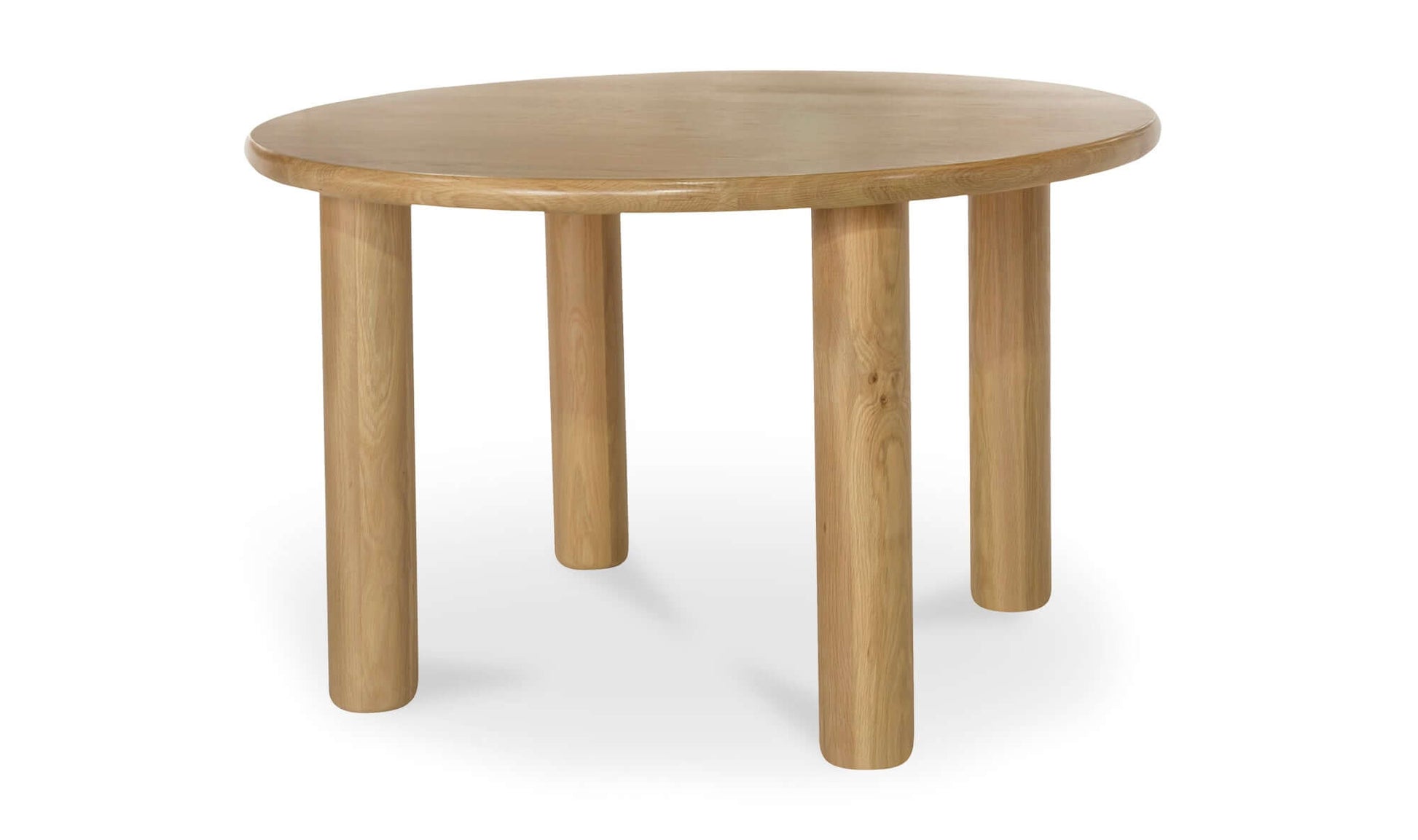 Milo dining table with a round oak tabletop and sturdy column legs, showcasing modern craftsmanship.