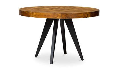 Side view of the Parq Round Amber Dining Table with black-painted legs