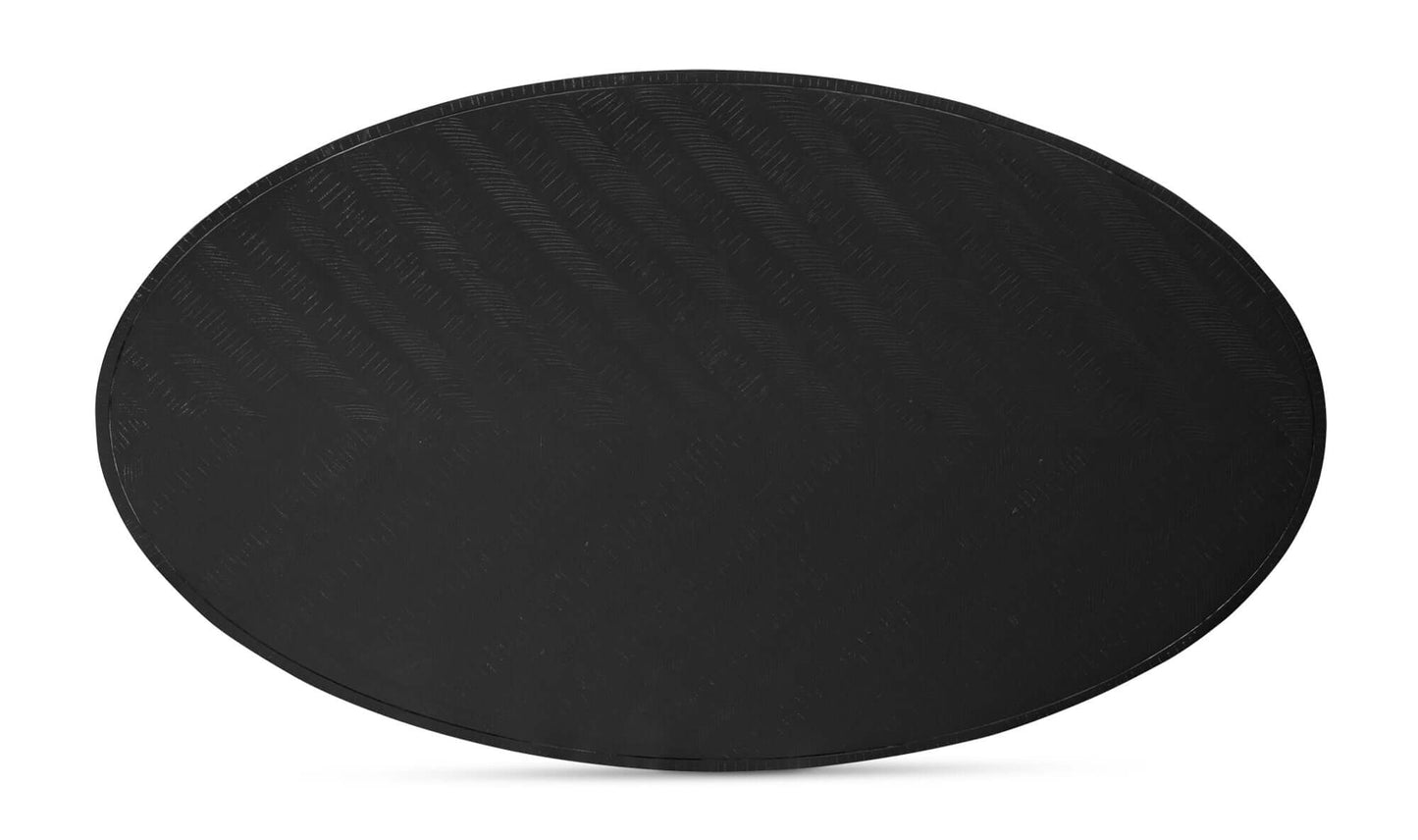 Top view of the Parq Black Oval Dining Table showing the rustic blackened finish and oval shape.