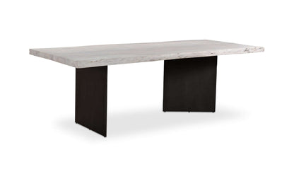 Side view of the Evans Dining Table showcasing its sturdy dark iron legs and natural wood top.