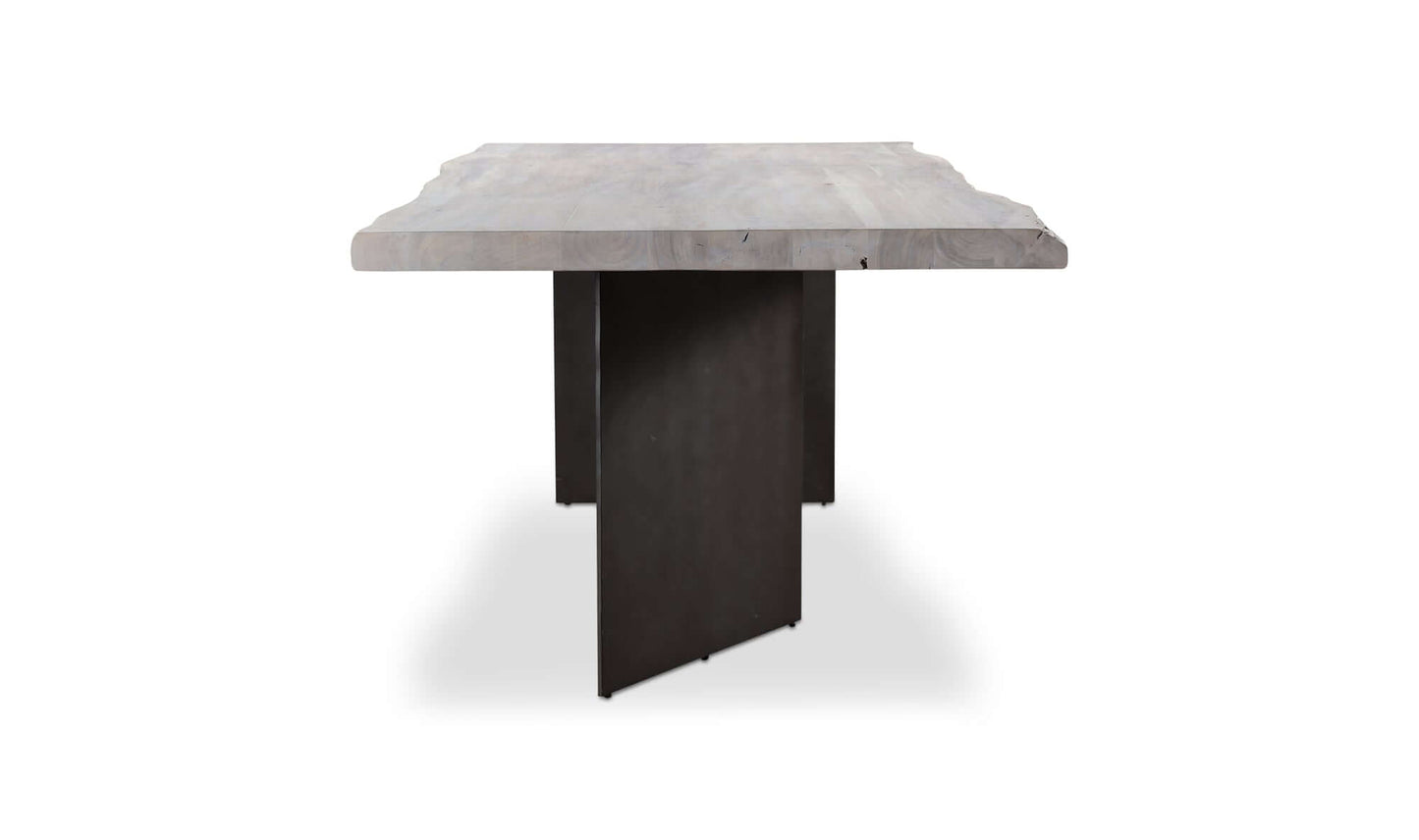 End view of the Evans Dining Table by Moe’s Home Collection, emphasizing the thick live edge wood top.