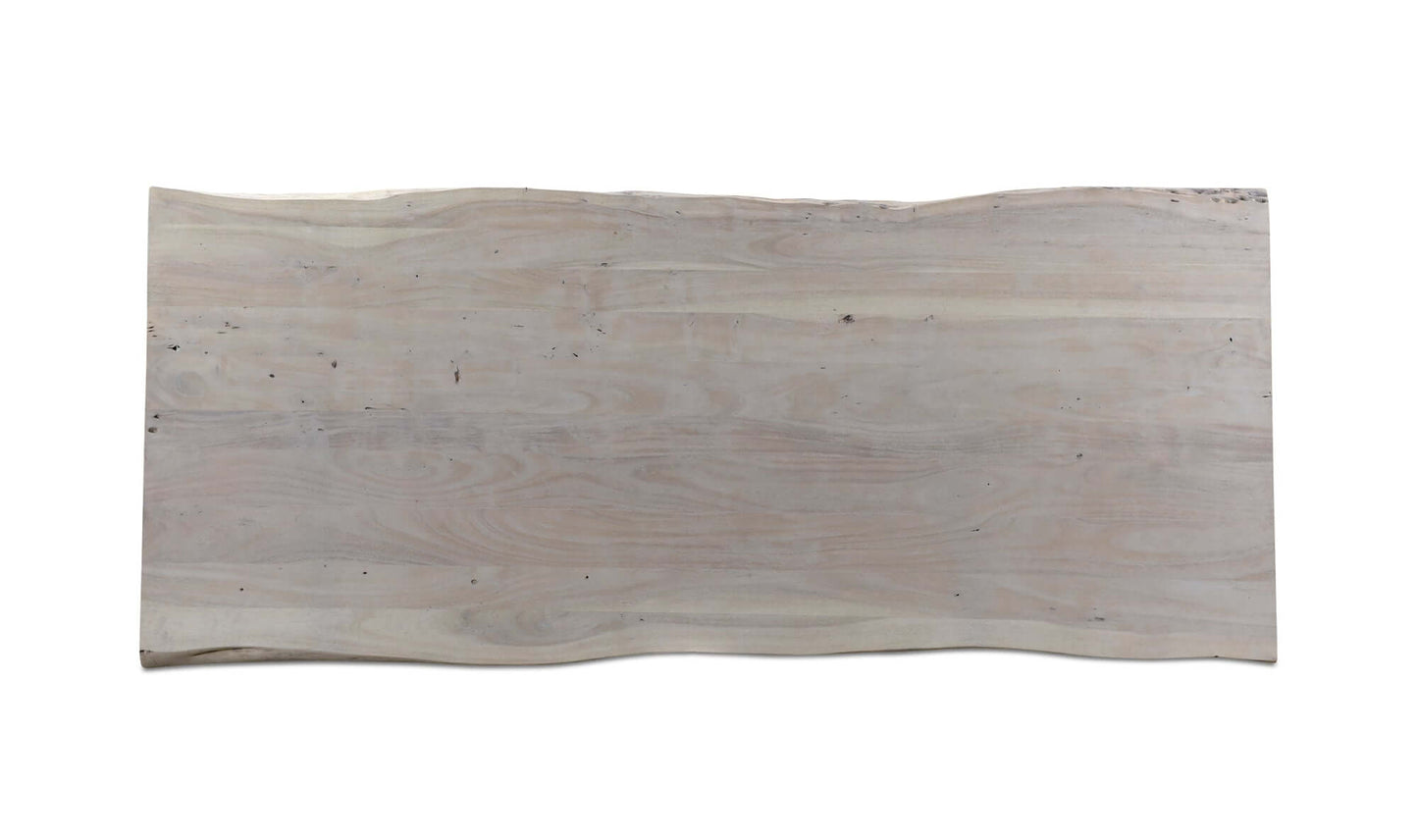 Top-down view of the Evans Dining Table, revealing the natural grain pattern of the acacia wood.