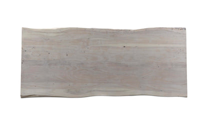 Top-down view of the Evans Dining Table, revealing the natural grain pattern of the acacia wood.