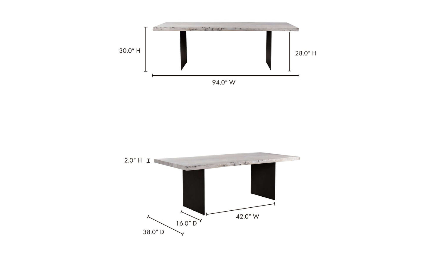 Dimensions illustration of the Evans Dining Table, highlighting its size and seating capacity.