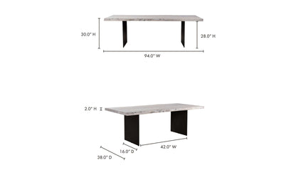 Dimensions illustration of the Evans Dining Table, highlighting its size and seating capacity.