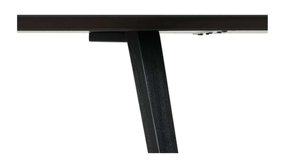 Close-up of the underside of the Godenza Black Rectangular Dining Table highlighting the sturdy leg attachment.