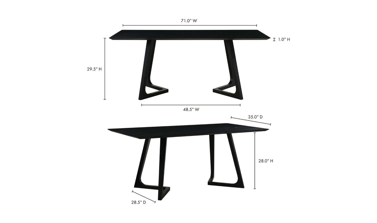 Dimension details of the Godenza Black Rectangular Dining Table, illustrating its size and seating capacity.