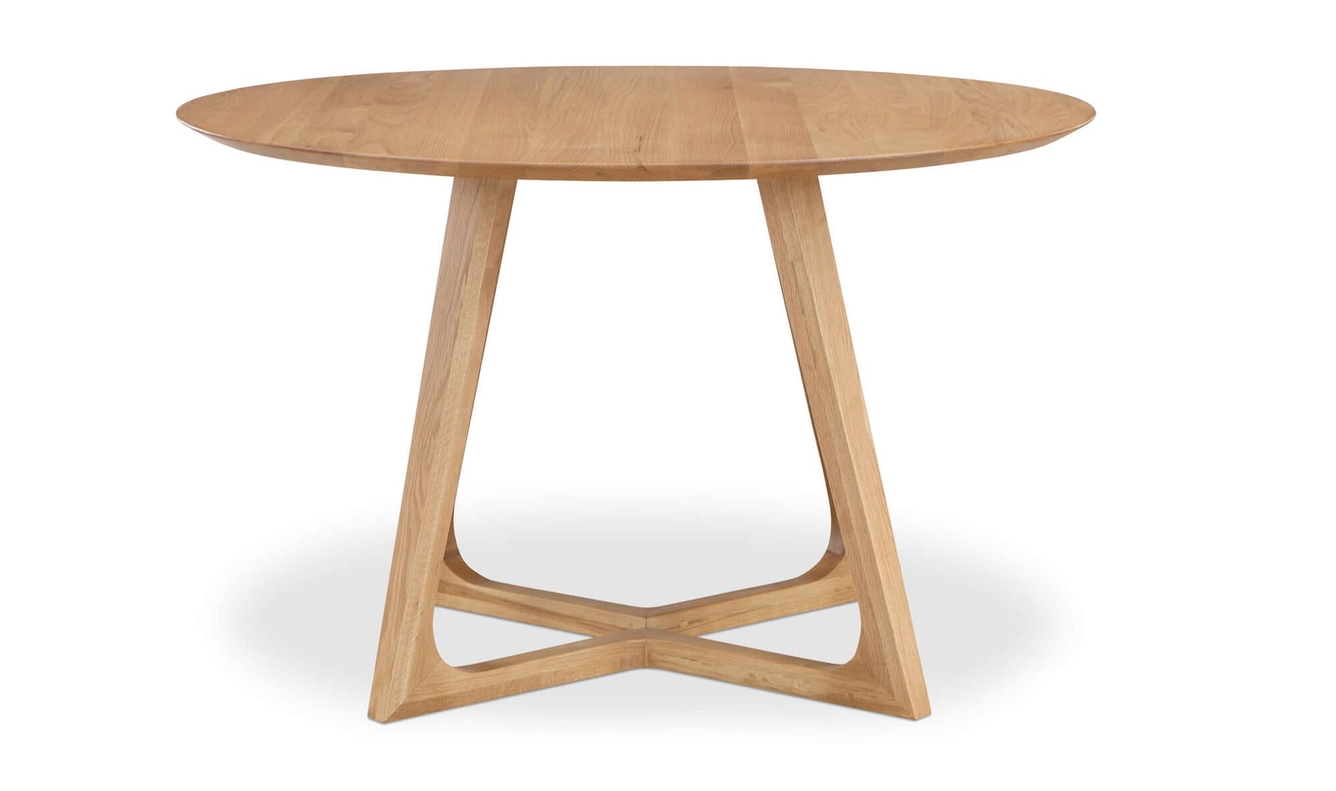 Detailed view of the flared leg design on the Godenza Round Oak Dining Table.