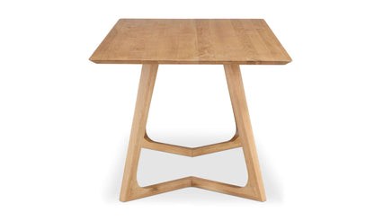 Close-up side view of the Godenza Oak Rectangular Dining Table, highlighting its unique angled legs