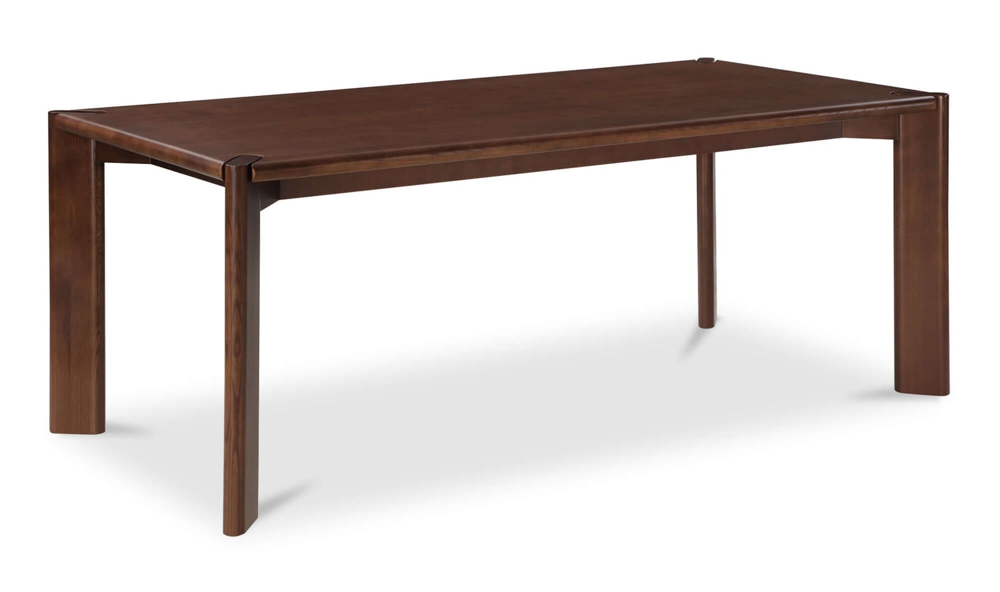 Angled view of Daifuku Small Brown Dining Table, crafted from solid walnut-stained ash, showing unique wood grain and knots.