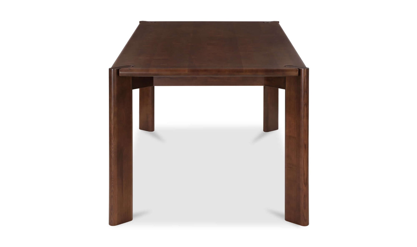 End view of Daifuku Small Brown Dining Table, emphasizing the solid walnut-stained ash construction and rounded edges design.