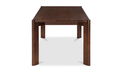 End view of Daifuku Small Brown Dining Table, emphasizing the solid walnut-stained ash construction and rounded edges design.