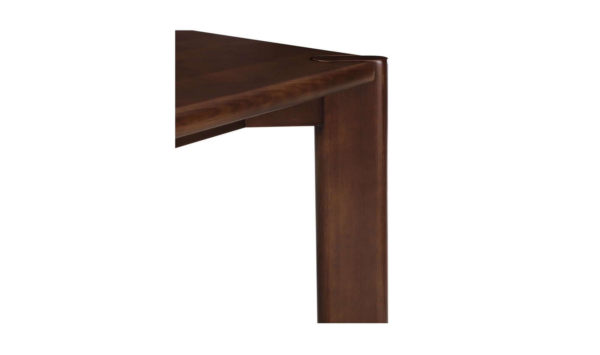 Close-up of Daifuku Small Brown Dining Table leg, showcasing solid walnut-stained ash and rounded edges for elegance.