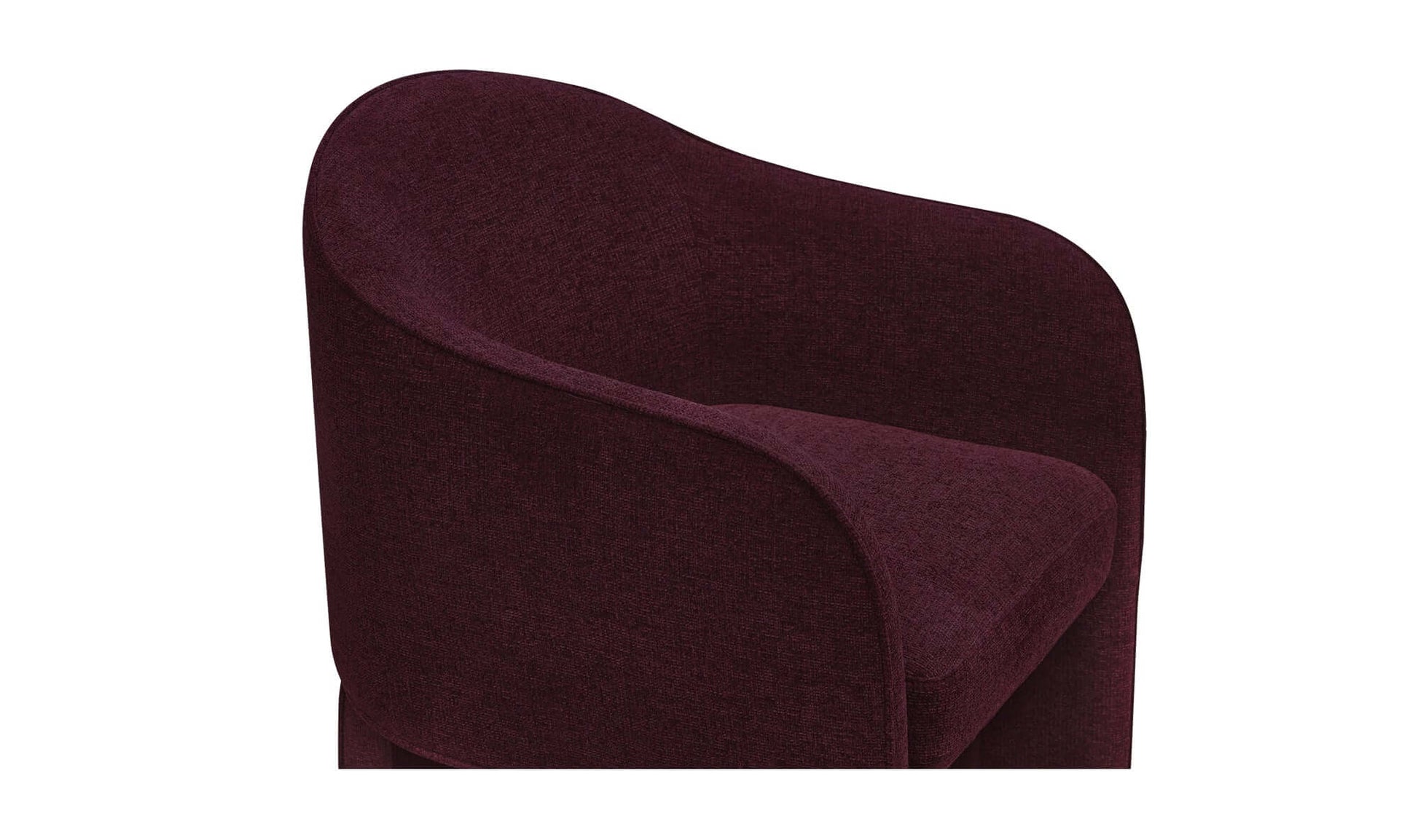 Close-up of the Clara dining chair's armrest and cushioned seat, showcasing the soft, textured plum fabric.