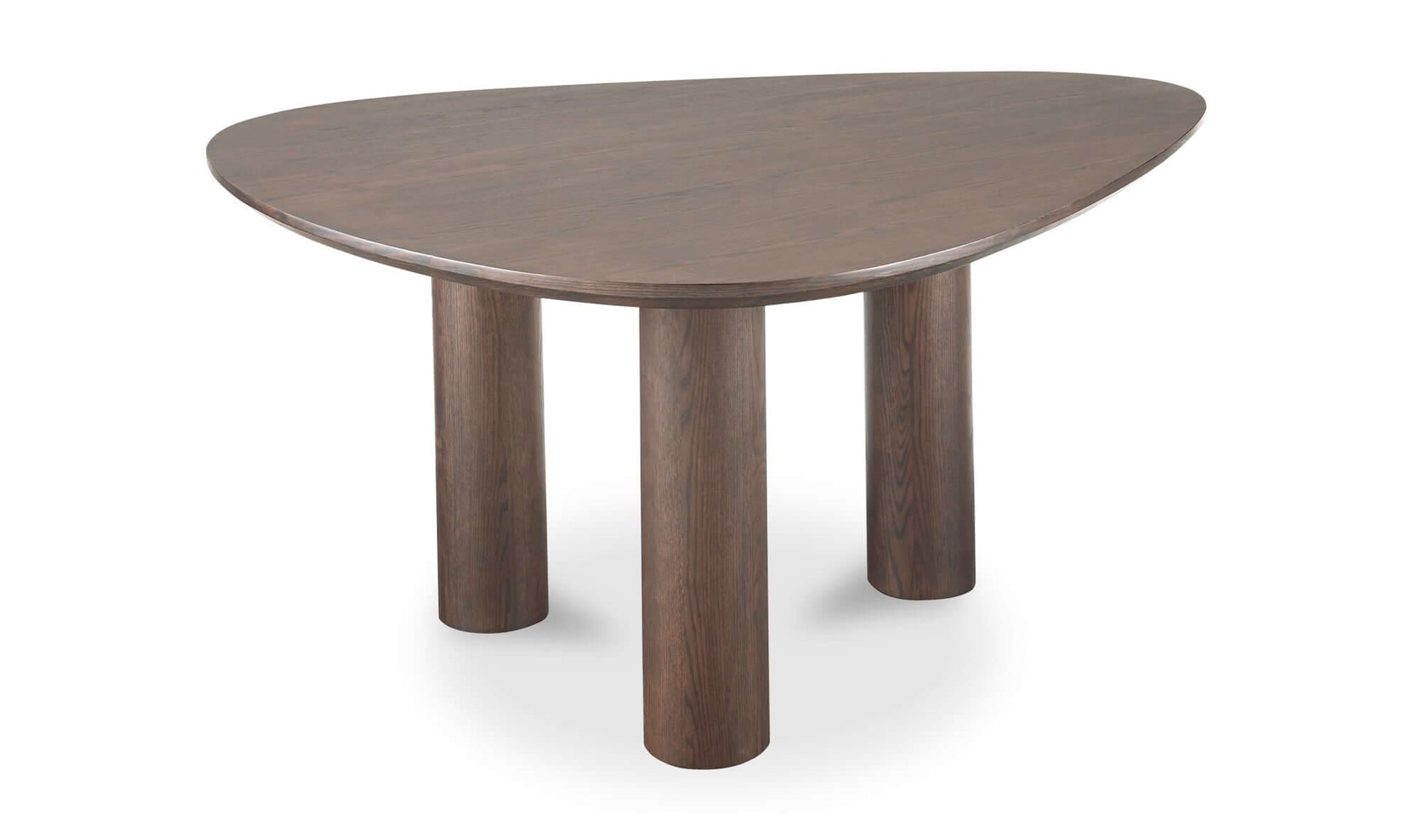 Side view of the Finley brown contemporary dining table by Moe’s Home Collection with a unique rounded triangle top and solid three-column base.