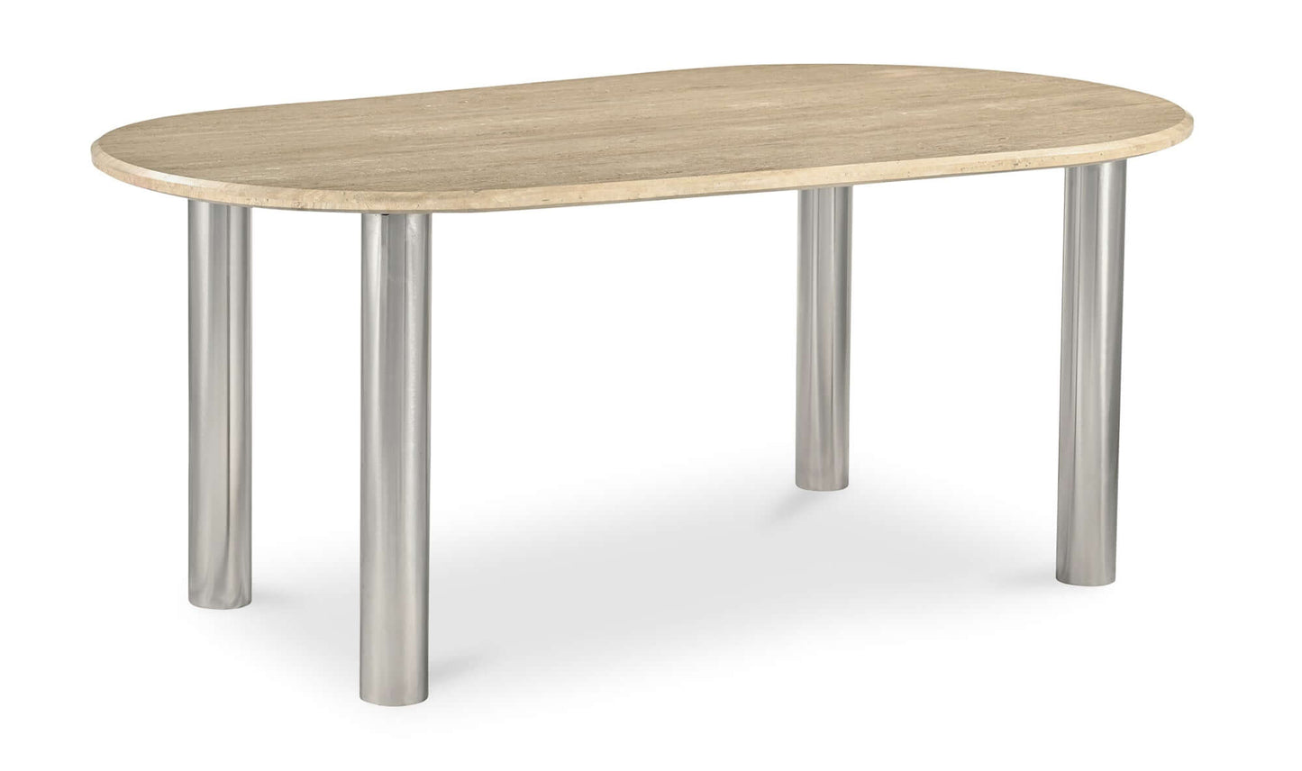 Angled view of the Fia Dining Table Travertine emphasizing the unique freeform shape and polished legs.