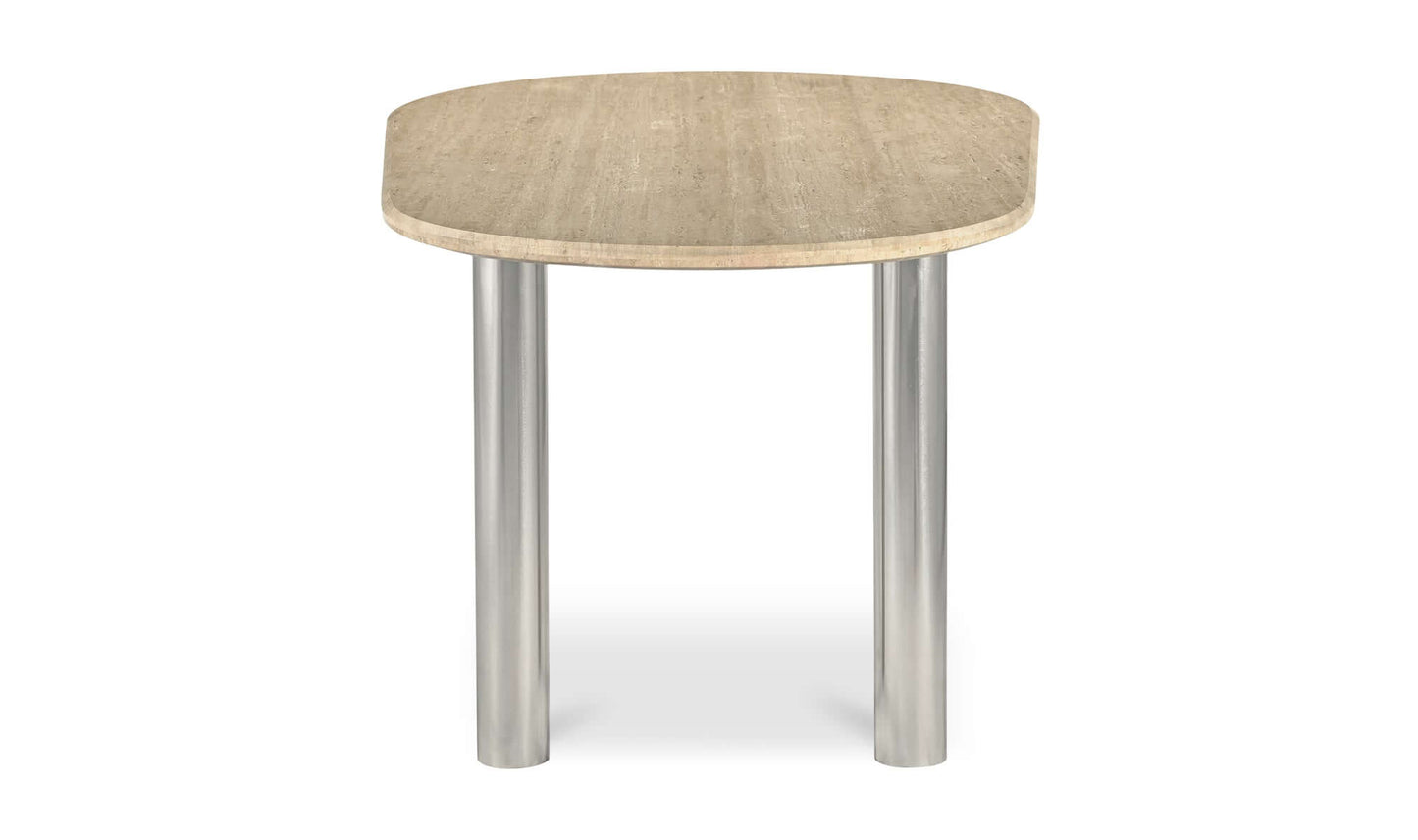 End view of the Fia Dining Table Travertine showcasing its solid Italian travertine surface.