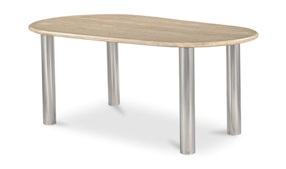 Side view of the Fia dining table, featuring a sleek beige travertine top and sturdy chrome legs