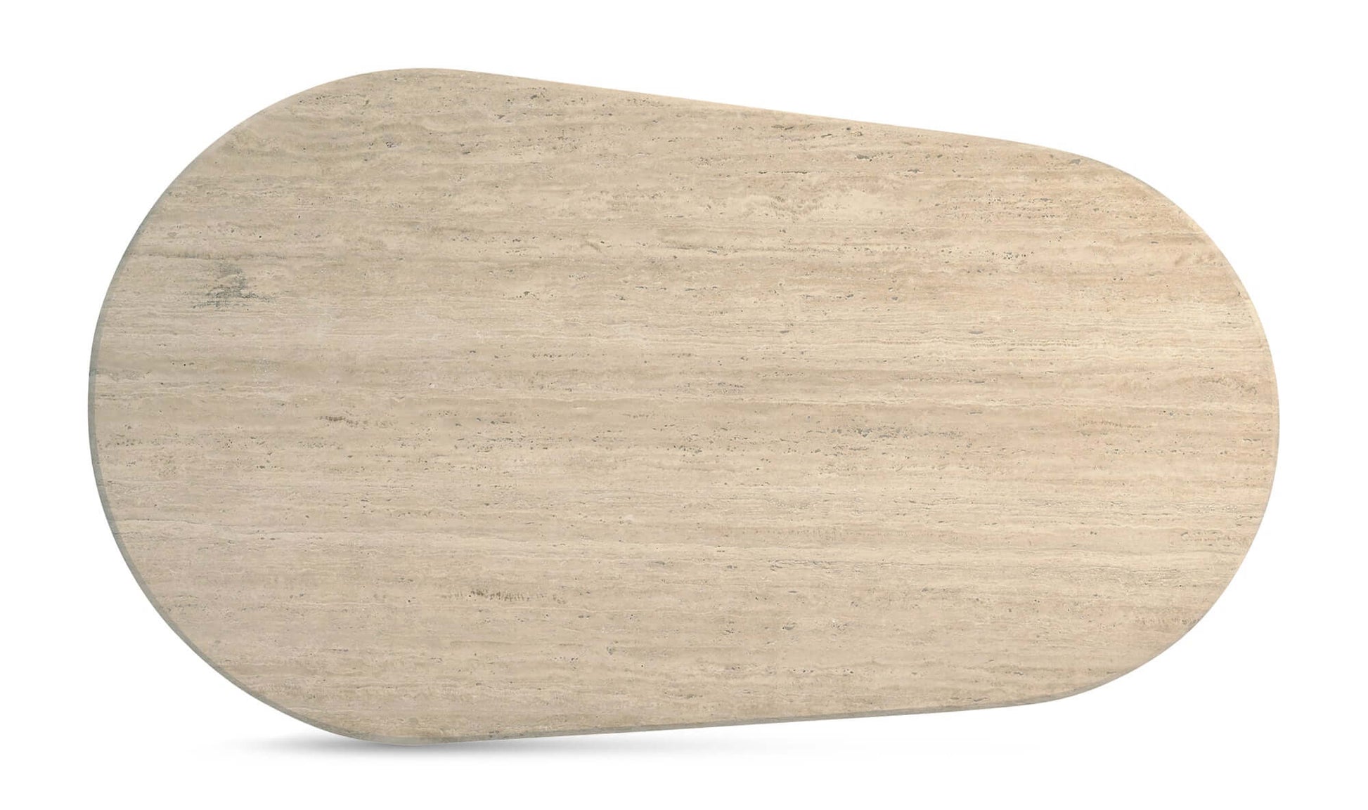 Top-down view of the Fia Dining Table Travertine highlighting the unique freeform shape and natural stone texture.