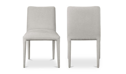 Back and front view of Calla Light Grey Dining Chairs highlighting high-back design and light grey upholstery.