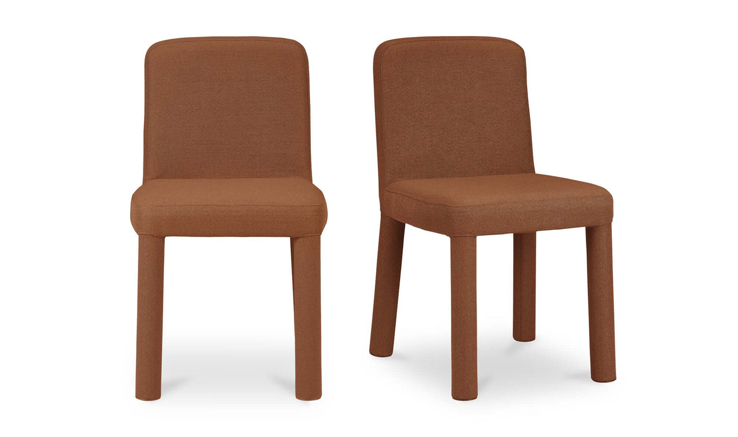 Set of two Place Rust Dining Chairs by Moe's Home Collection, showing front and angled side view.