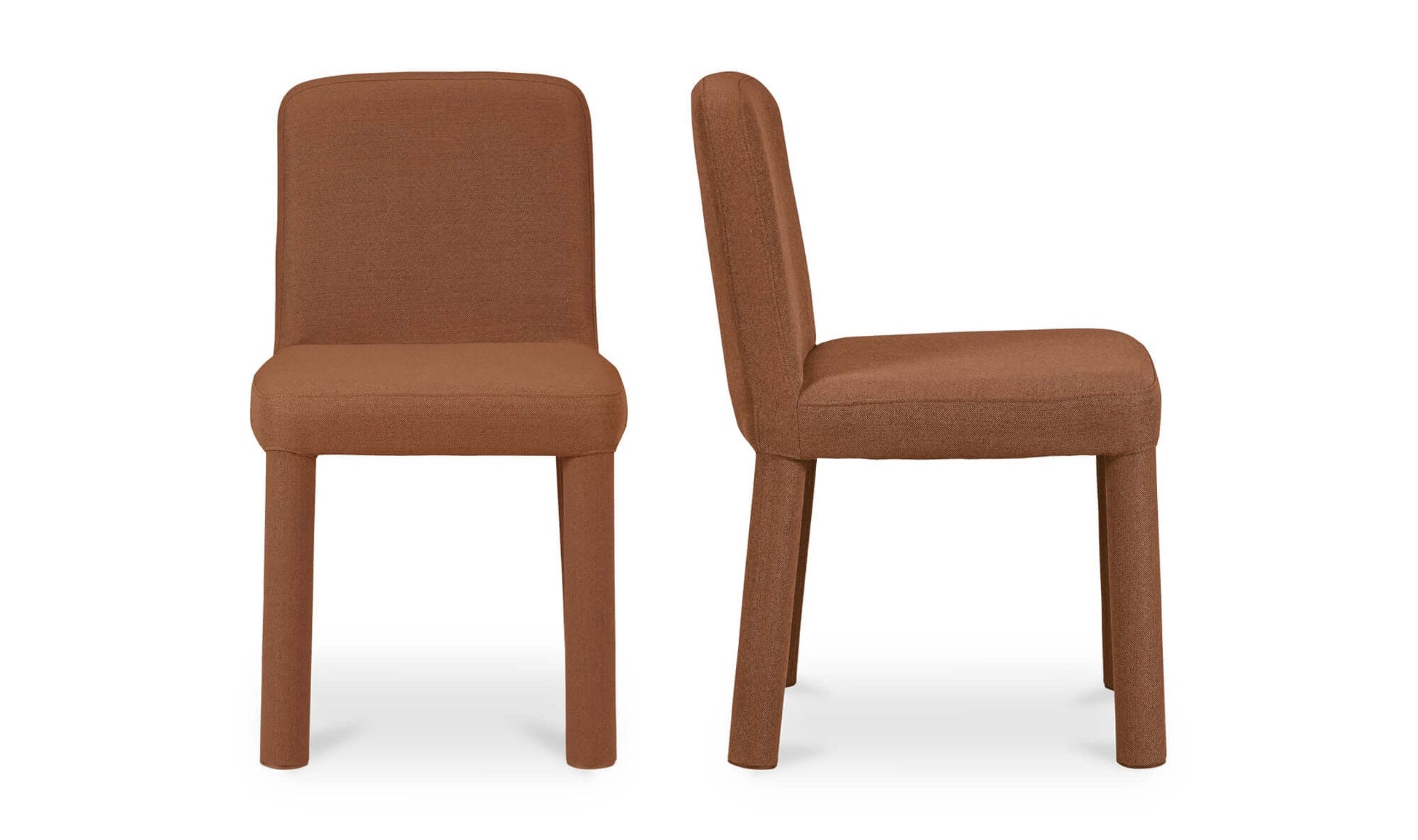 Pair of Place Rust Dining Chairs by Moe's Home Collection, showing front and side view.