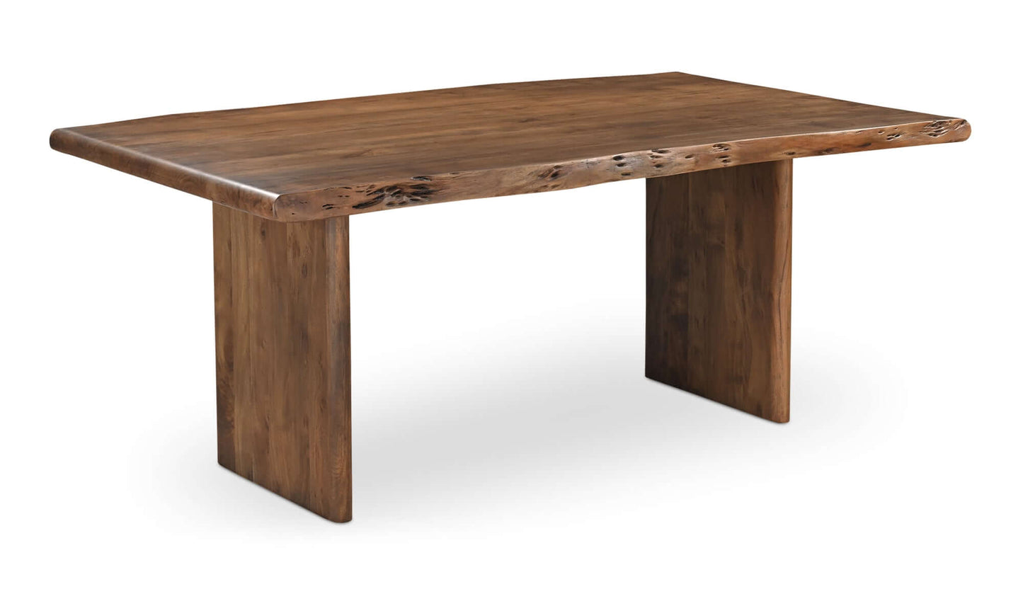 Side view of the Lila Small Dining Table Brown highlighting the bullnose edge and solid acacia wood construction.