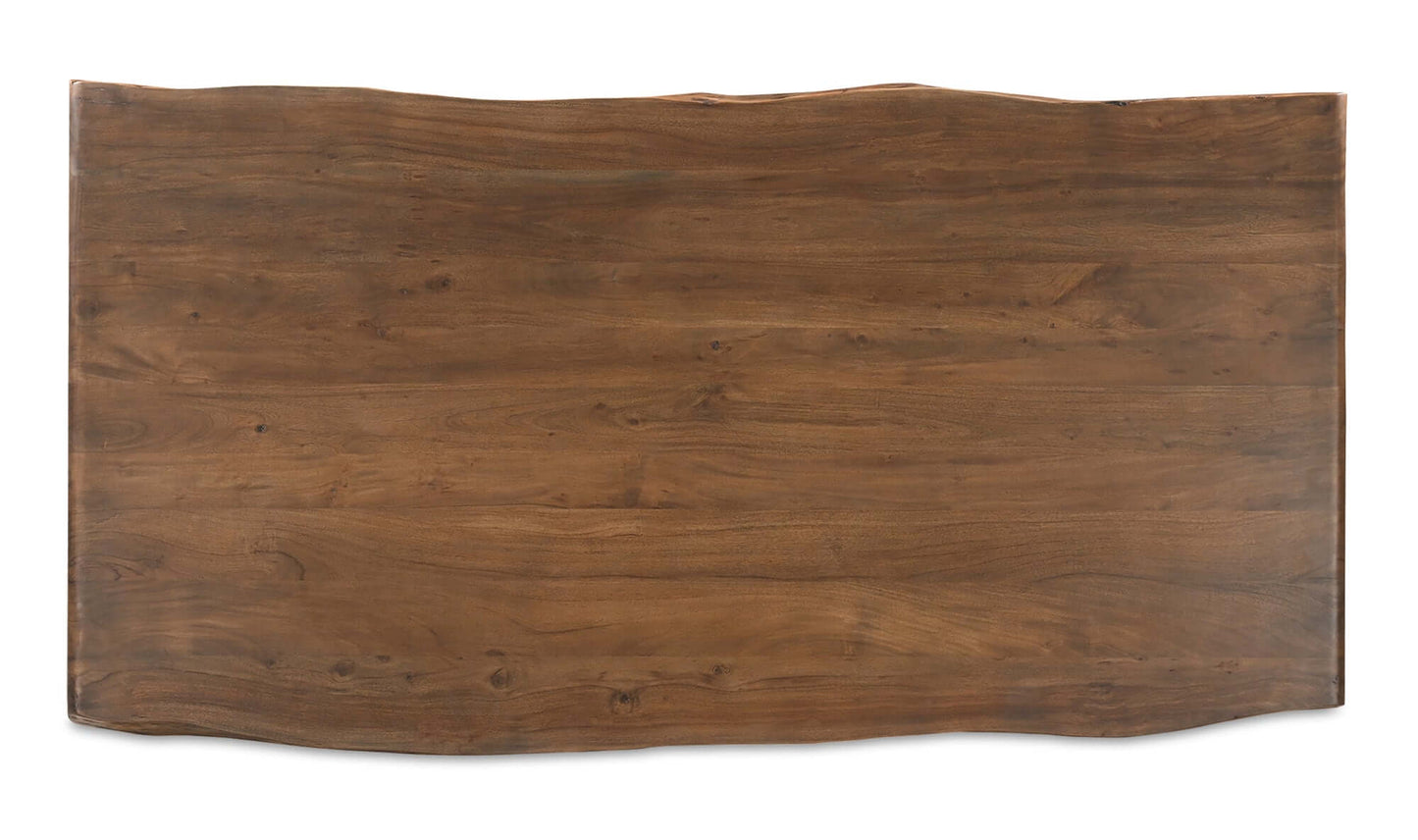 Top view showcasing the natural wood grain and live edge design of the Lila Small Dining Table Brown.