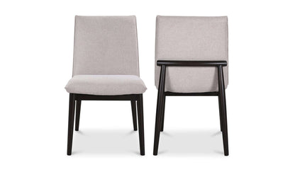 Front and back view of Moe's Home Collection Charlie dining chair in beige fabric upholstery.