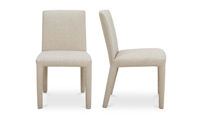 Front and side view of two Monte Dining Chairs in beige, displaying the modern, squared frame with rounded corners.