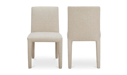  Front and back view of the Monte Dining Chair in beige, showcasing its fully upholstered design and squared frame.