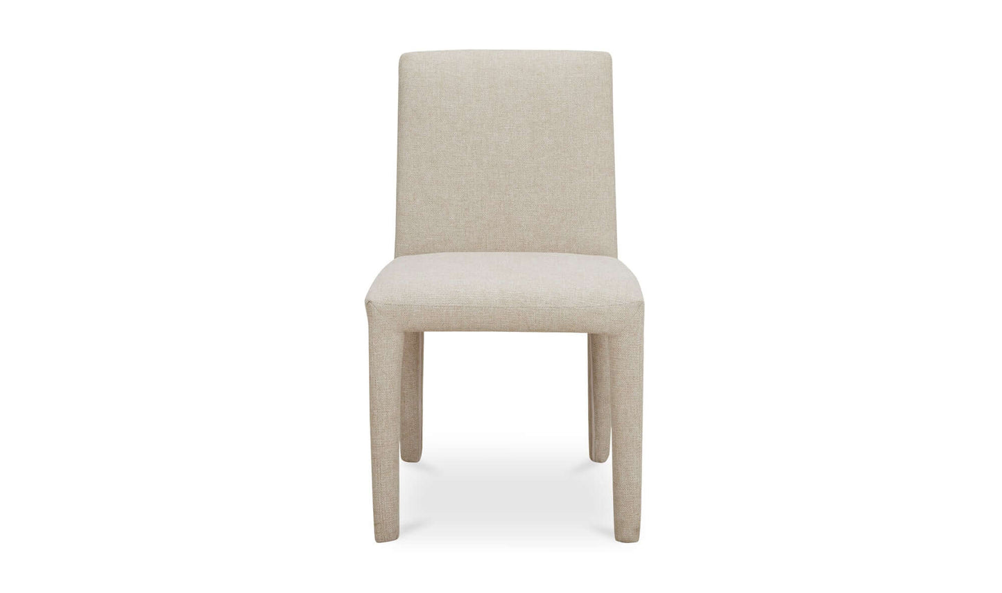 Full frontal view of the Monte Dining Chair in beige, emphasizing the smooth, minimalist design and durable fabric.