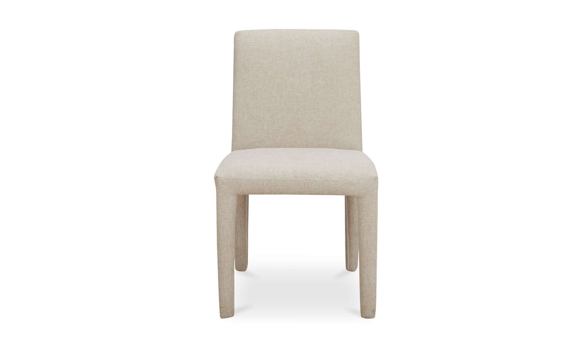 Full frontal view of the Monte Dining Chair in beige, emphasizing the smooth, minimalist design and durable fabric.