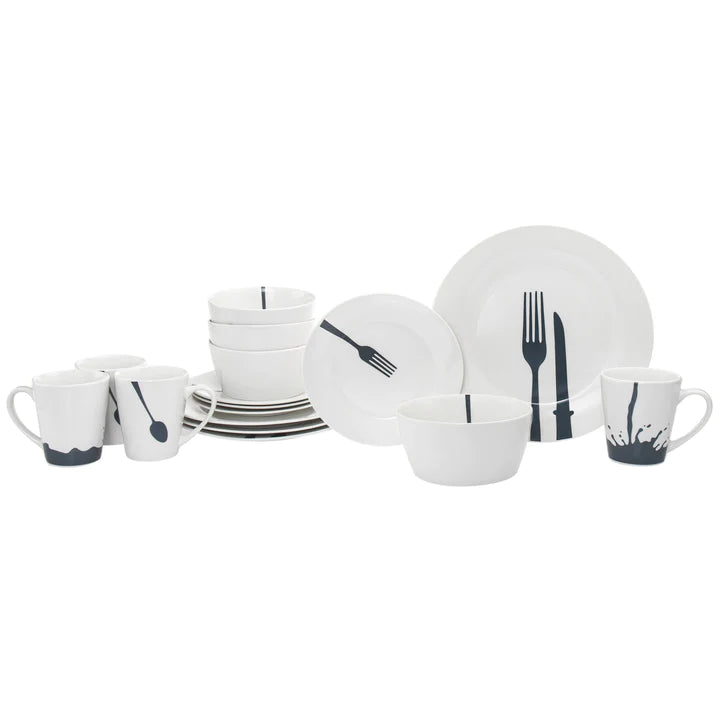 Stacked collection of the Acme Porcelain dinnerware showcasing various pieces with distinctive black detailing.