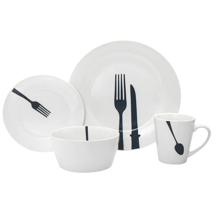 Complete 16-piece Acme Porcelain dinnerware set featuring modern white porcelain with playful black utensil motifs.