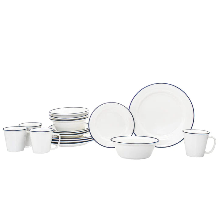 Bistro Blue Rim Porcelain 16 Piece Dinnerware Set, Service For 4