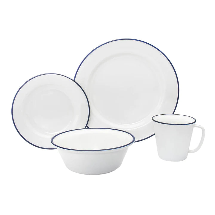 Bistro Blue Rim Porcelain 16 Piece Dinnerware Set, Service For 4