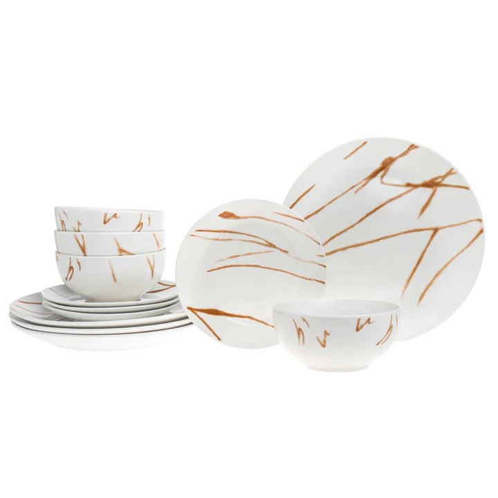 Boulon Gold Porcelain 12 Piece Dinnerware Set, Service For 4